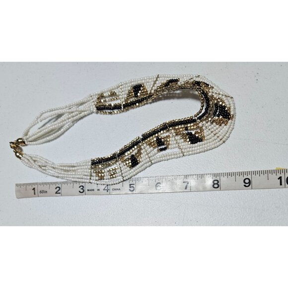 Handcrafted Seed Beaded Multi Strand Bib Necklace Gold Black White Beads Women - Picture 6 of 7